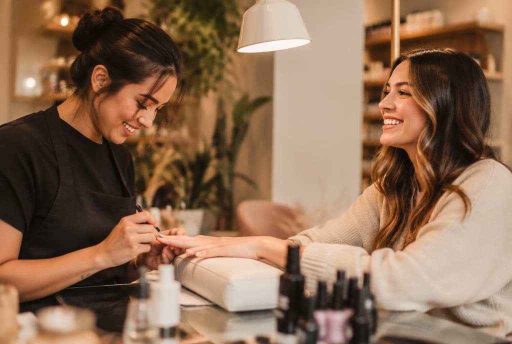 Chloe làm nails và trò chuyện thân thiện với khách trong tiệm nails hiện đại