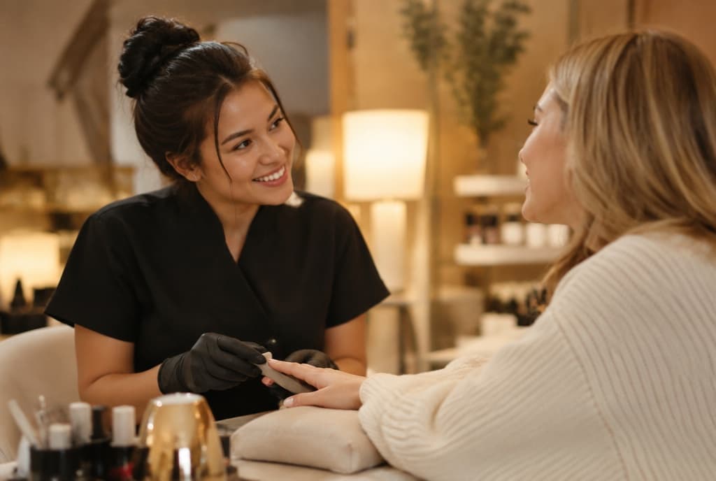 Chloe làm nails và trò chuyện thân thiện với khách trong tiệm nails hiện đại