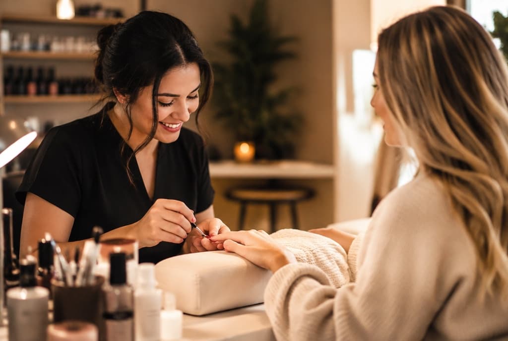 Chloe làm nails và trò chuyện thân thiện với khách trong tiệm nails hiện đại