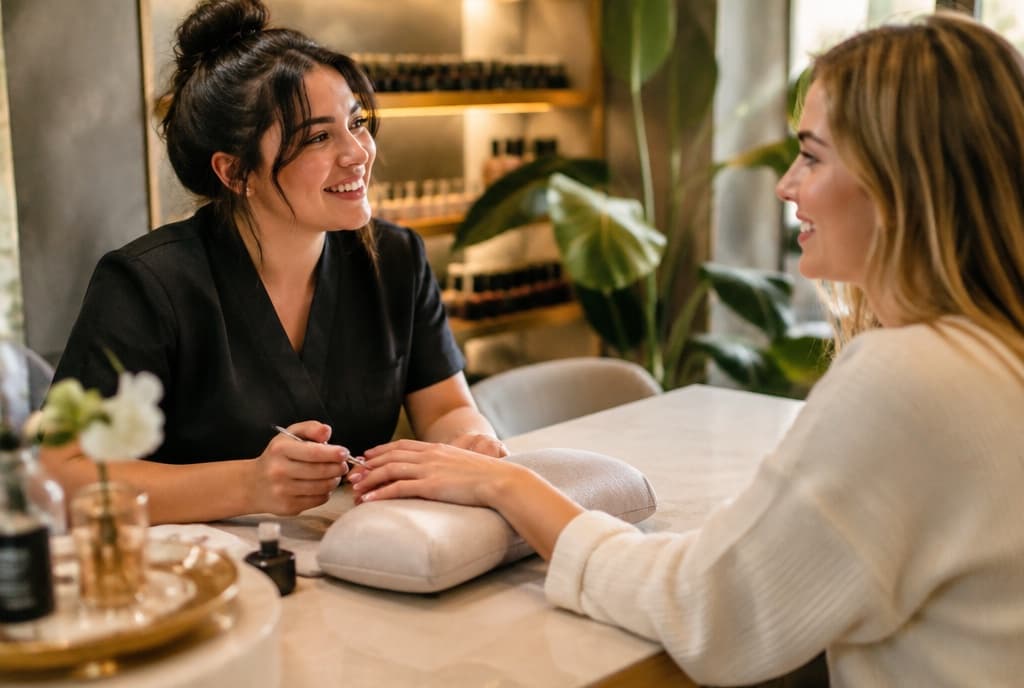 Chloe làm nails và trò chuyện thân thiện với khách trong tiệm nails hiện đại