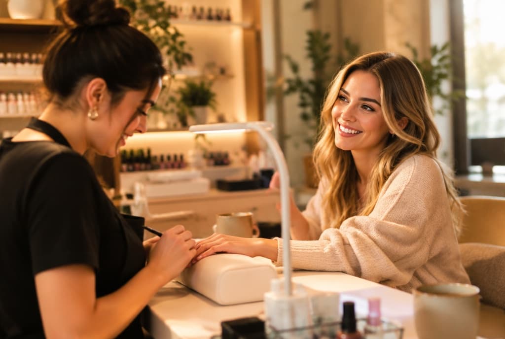 Chloe làm nails và trò chuyện thân thiện với khách trong tiệm nails hiện đại