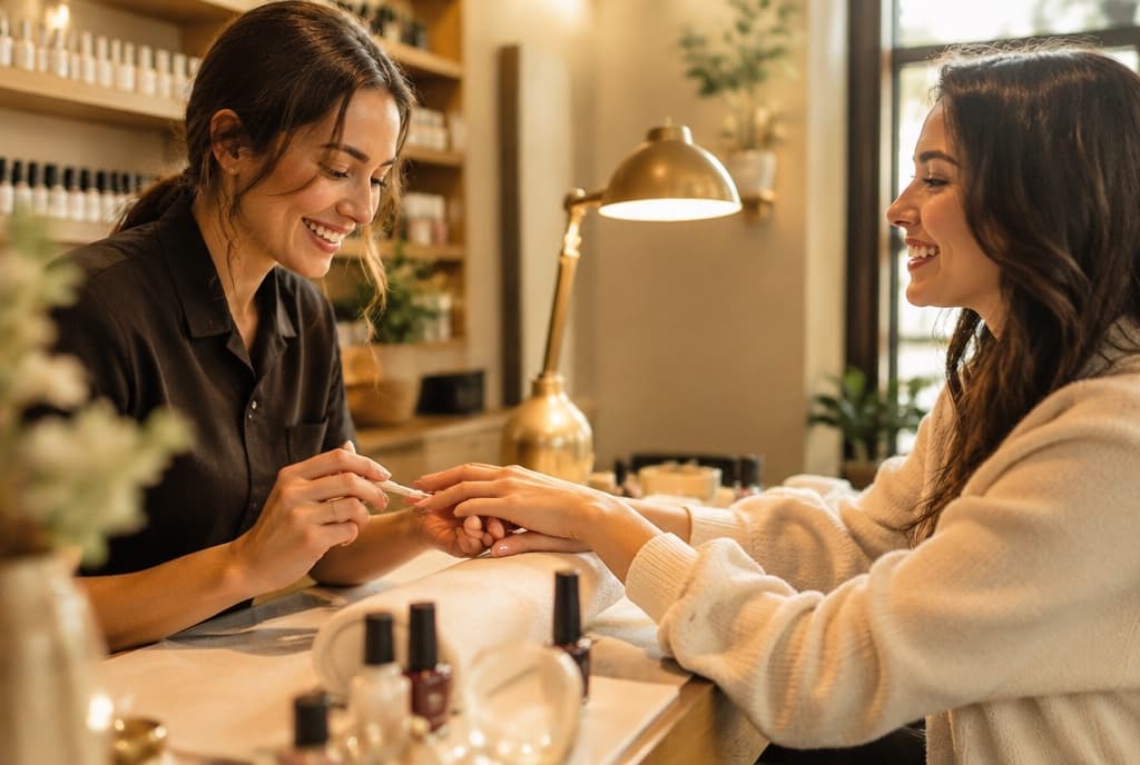 Chloe làm nails và trò chuyện thân thiện với khách trong tiệm nails hiện đại