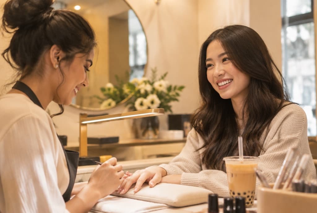 Chloe làm nails và trò chuyện thân thiện với khách trong tiệm nails hiện đại