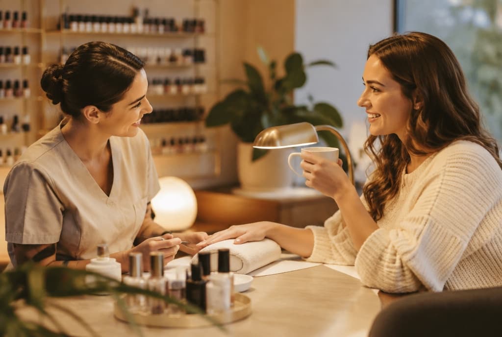 Chloe làm nails và trò chuyện thân thiện với khách trong tiệm nails hiện đại