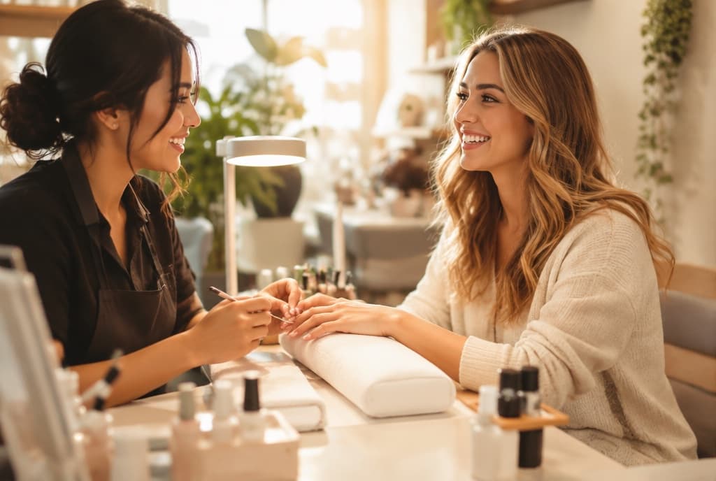 Chloe làm nails và trò chuyện thân thiện với khách trong tiệm nails hiện đại