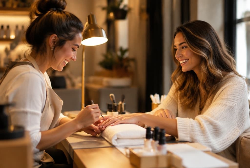 Chloe làm nails và trò chuyện thân thiện với khách trong tiệm nails hiện đại