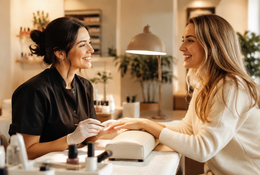 Chloe làm nails và trò chuyện thân thiện với khách trong tiệm nails hiện đại
