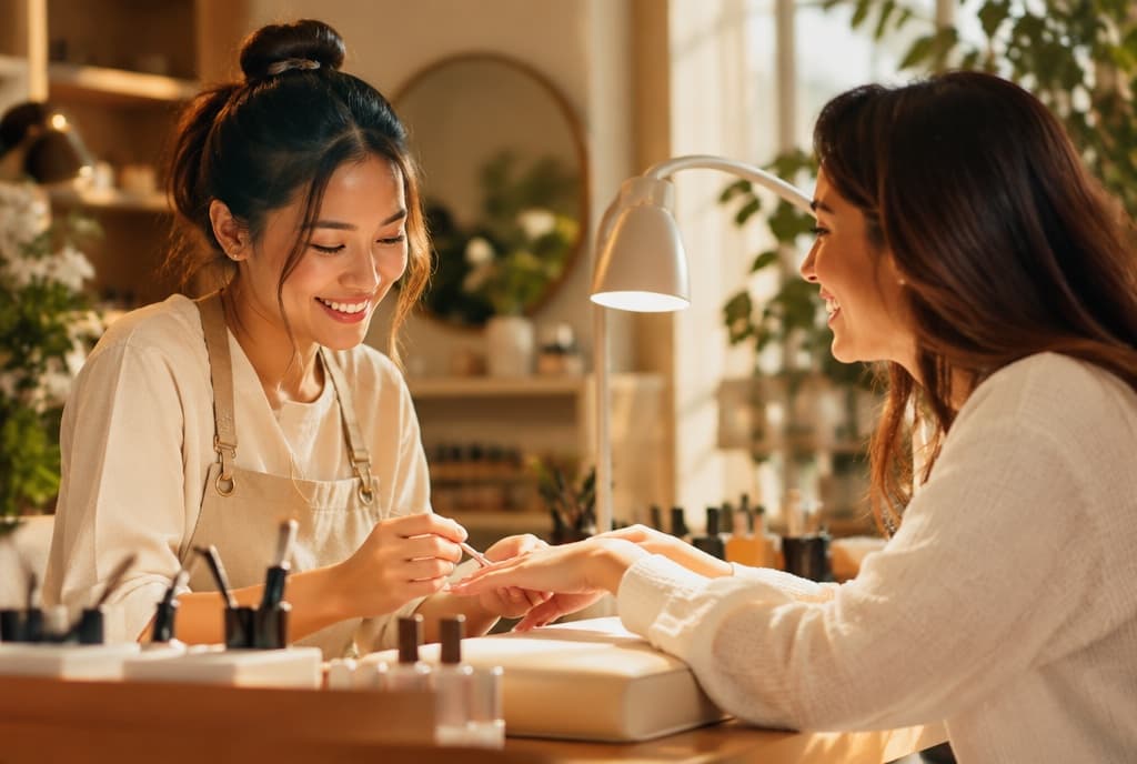 Chloe làm nails và trò chuyện thân thiện với khách trong tiệm nails hiện đại