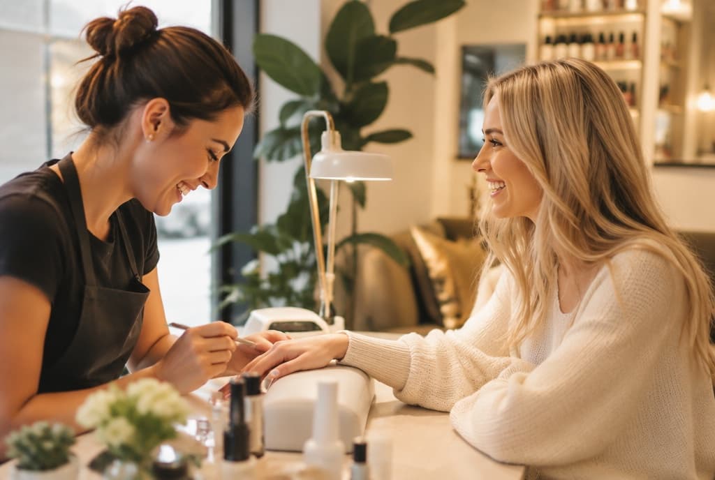 Chloe làm nails và trò chuyện thân thiện với khách trong tiệm nails hiện đại