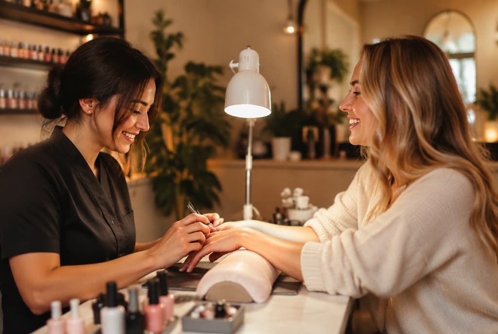 Chloe làm nails và trò chuyện thân thiện với khách trong tiệm nails hiện đại