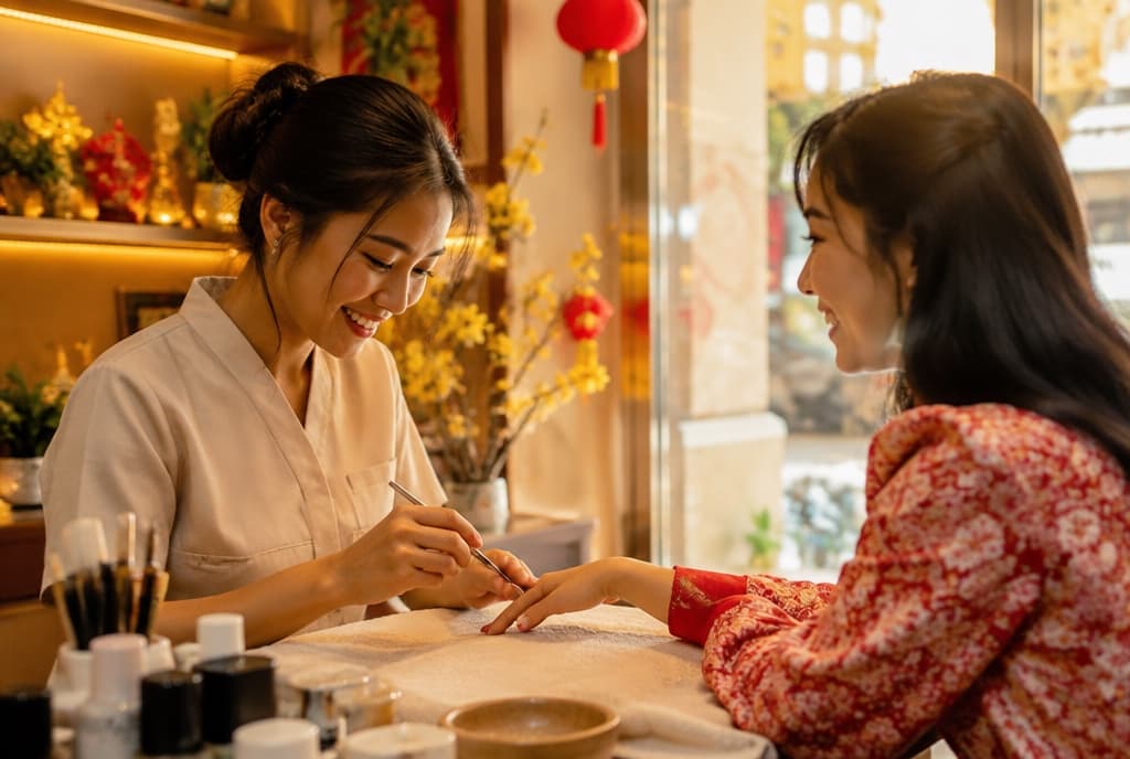 Chloe làm nails và trò chuyện thân thiện với khách trong tiệm nails hiện đại