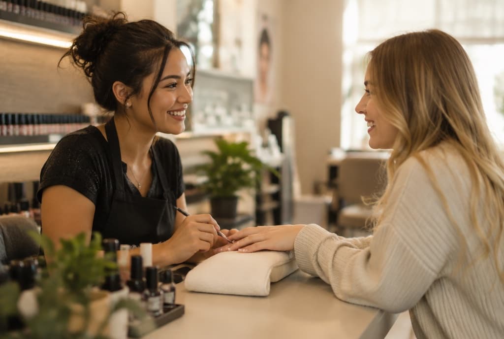 Chloe làm nails và trò chuyện thân thiện với khách trong tiệm nails hiện đại