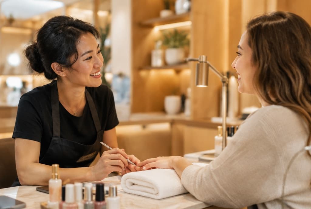 Chloe làm nails và trò chuyện thân thiện với khách trong tiệm nails hiện đại