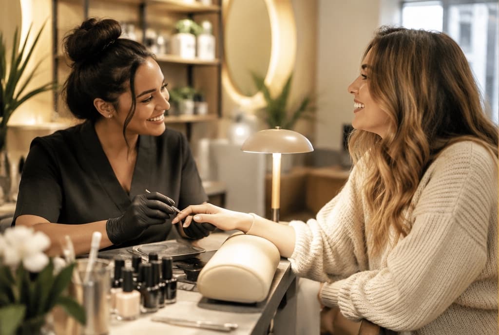 Chloe làm nails và trò chuyện thân thiện với khách trong tiệm nails hiện đại