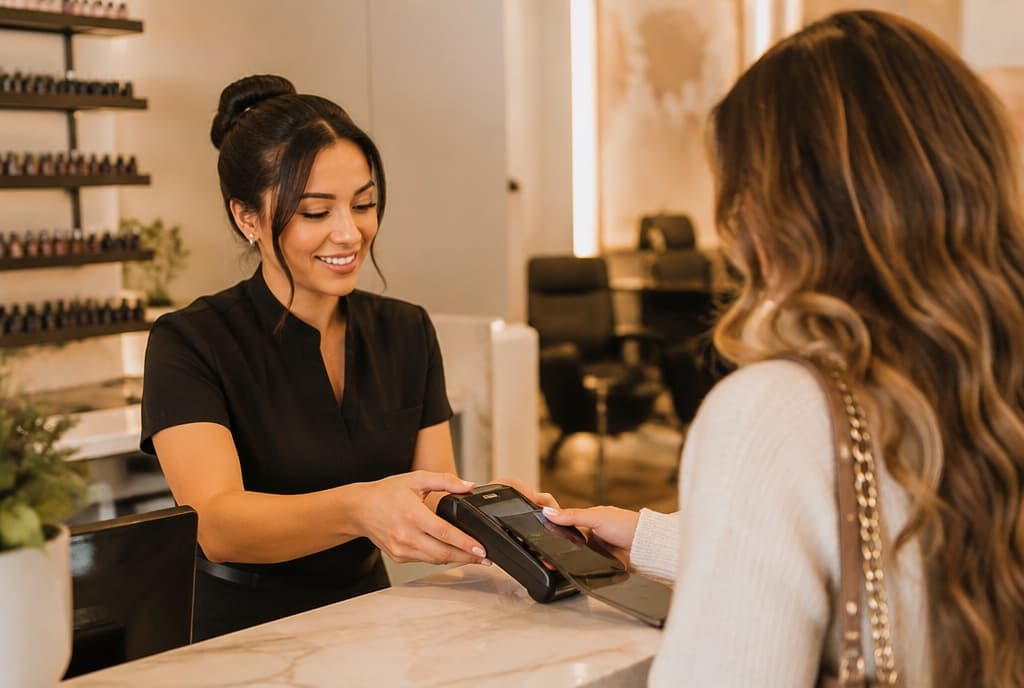 Chloe làm nails và trò chuyện thân thiện với khách trong tiệm nails hiện đại