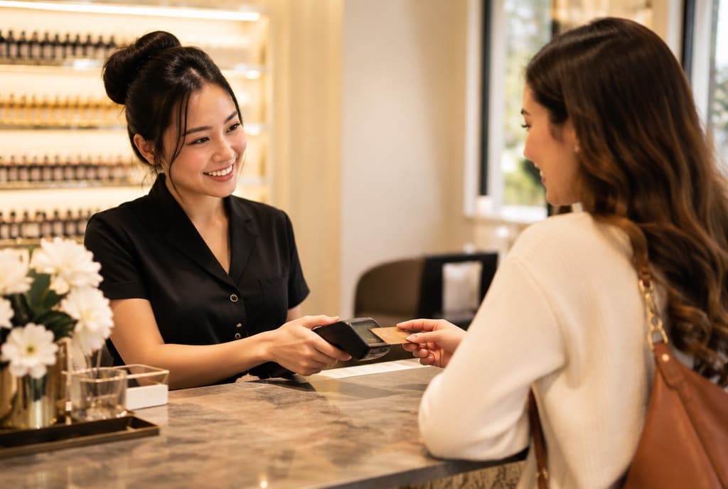 Chloe làm nails và trò chuyện thân thiện với khách trong tiệm nails hiện đại