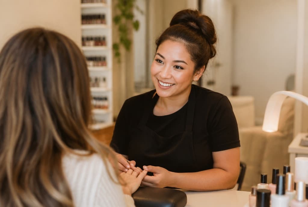 Chloe làm nails và trò chuyện thân thiện với khách trong tiệm nails hiện đại