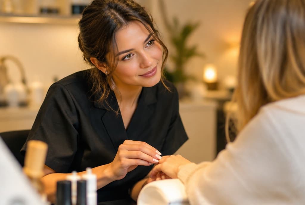 Chloe làm nails và trò chuyện thân thiện với khách trong tiệm nails hiện đại