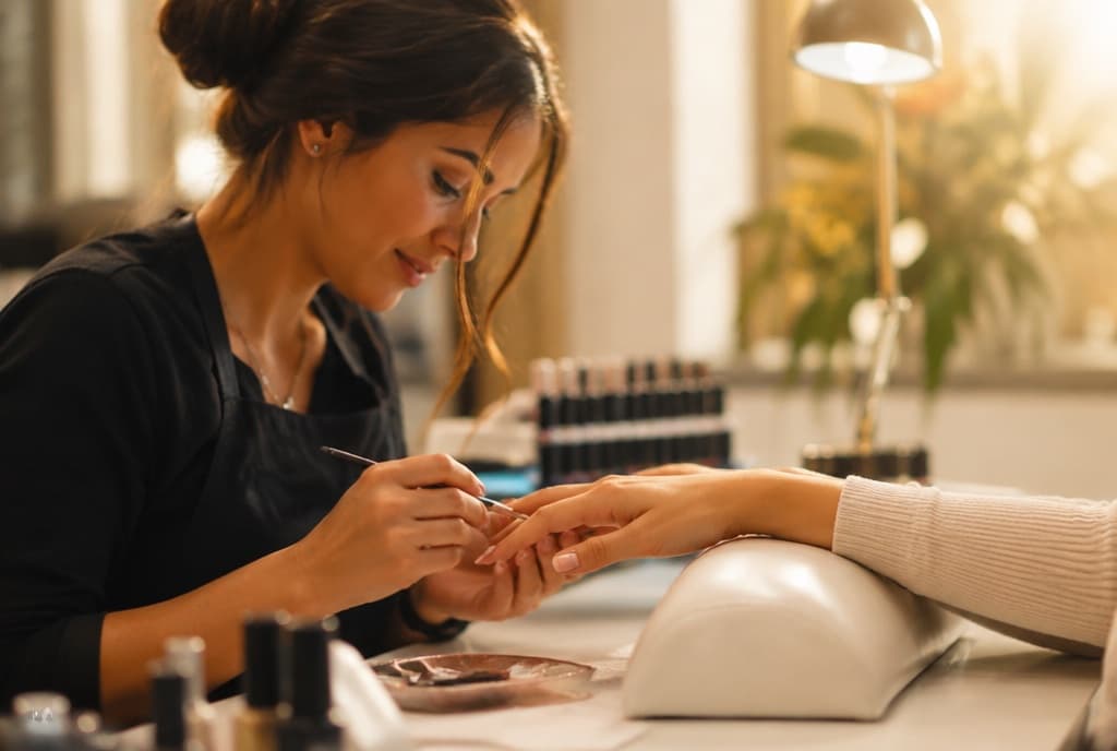Chloe làm nails và trò chuyện thân thiện với khách trong tiệm nails hiện đại