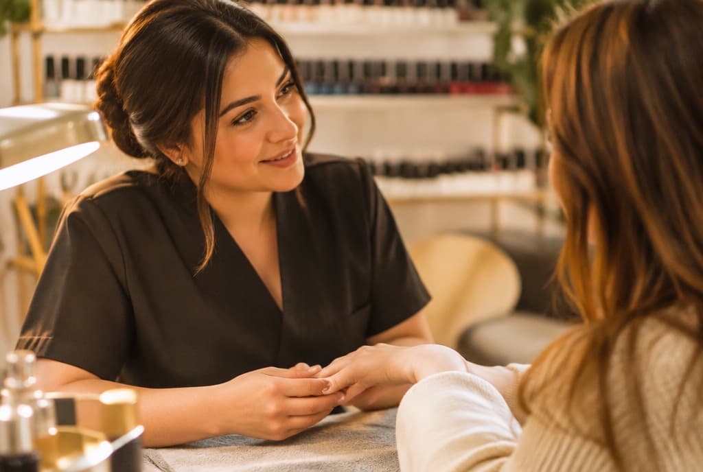 Chloe làm nails và trò chuyện thân thiện với khách trong tiệm nails hiện đại