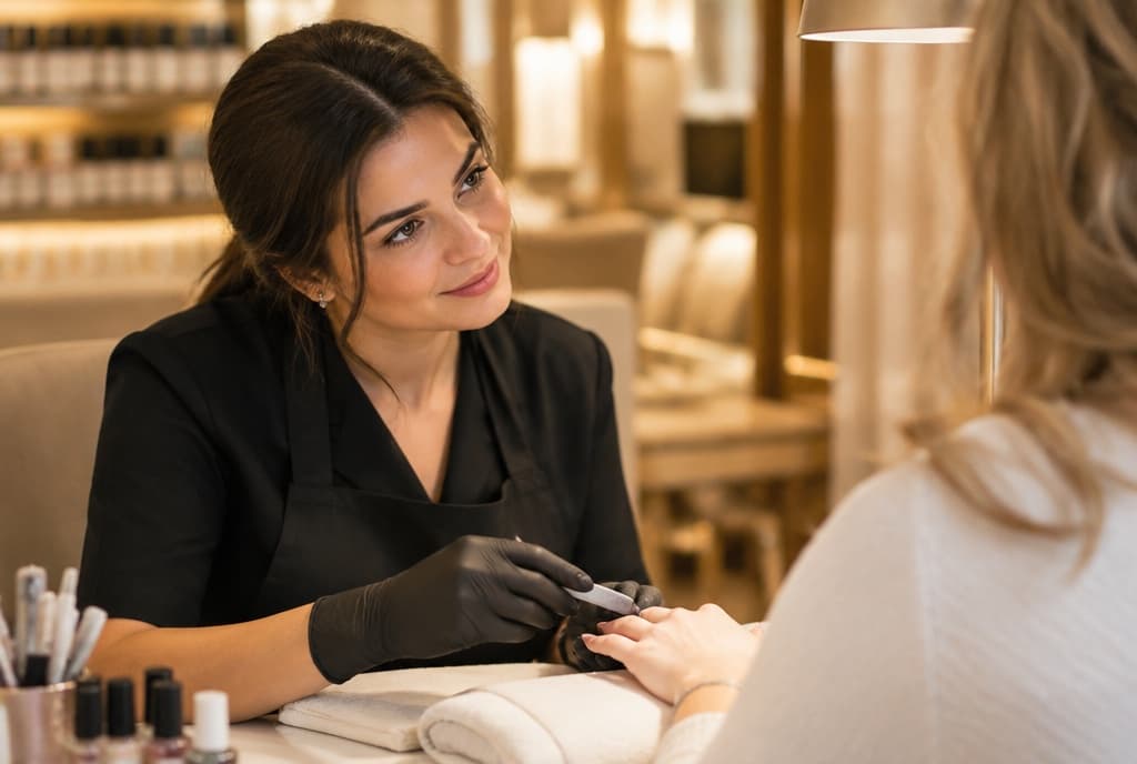 Chloe làm nails và trò chuyện thân thiện với khách trong tiệm nails hiện đại