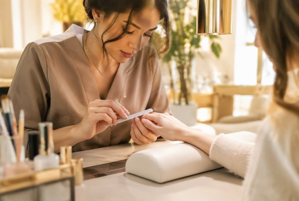 Chloe làm nails và trò chuyện thân thiện với khách trong tiệm nails hiện đại