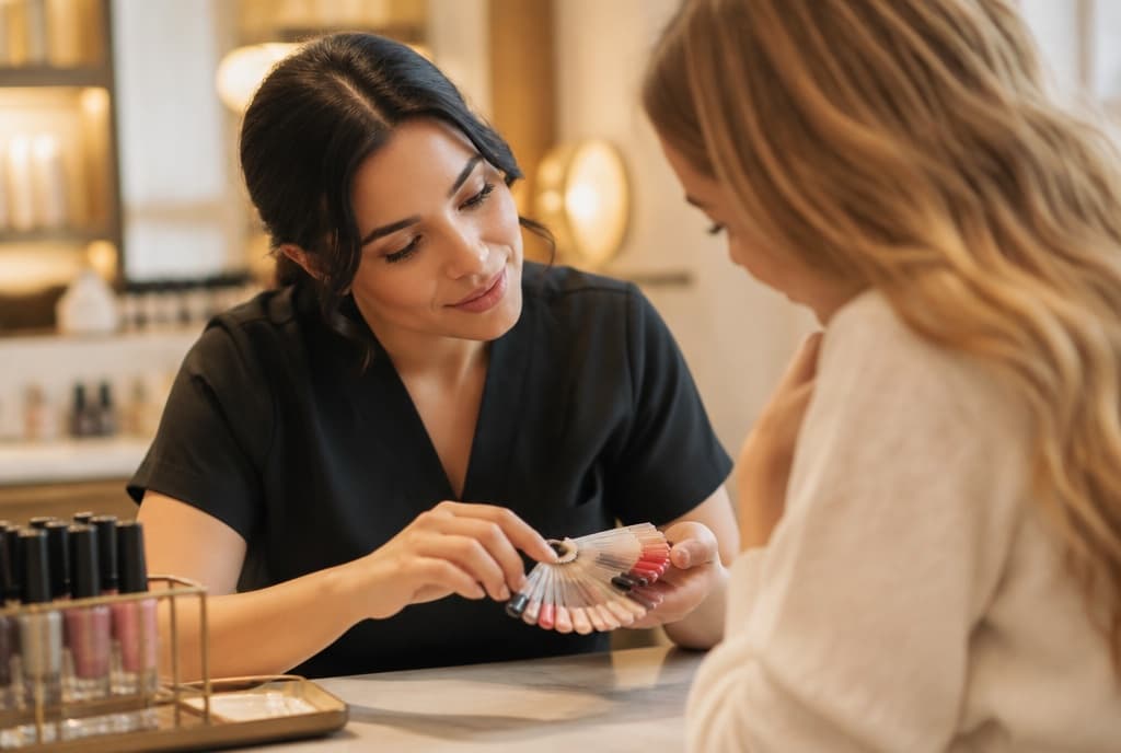 Chloe làm nails và trò chuyện thân thiện với khách trong tiệm nails hiện đại