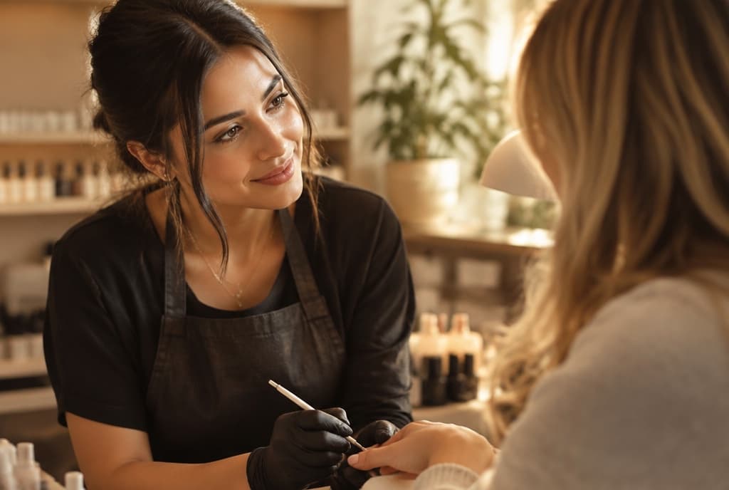 Chloe làm nails và trò chuyện thân thiện với khách trong tiệm nails hiện đại
