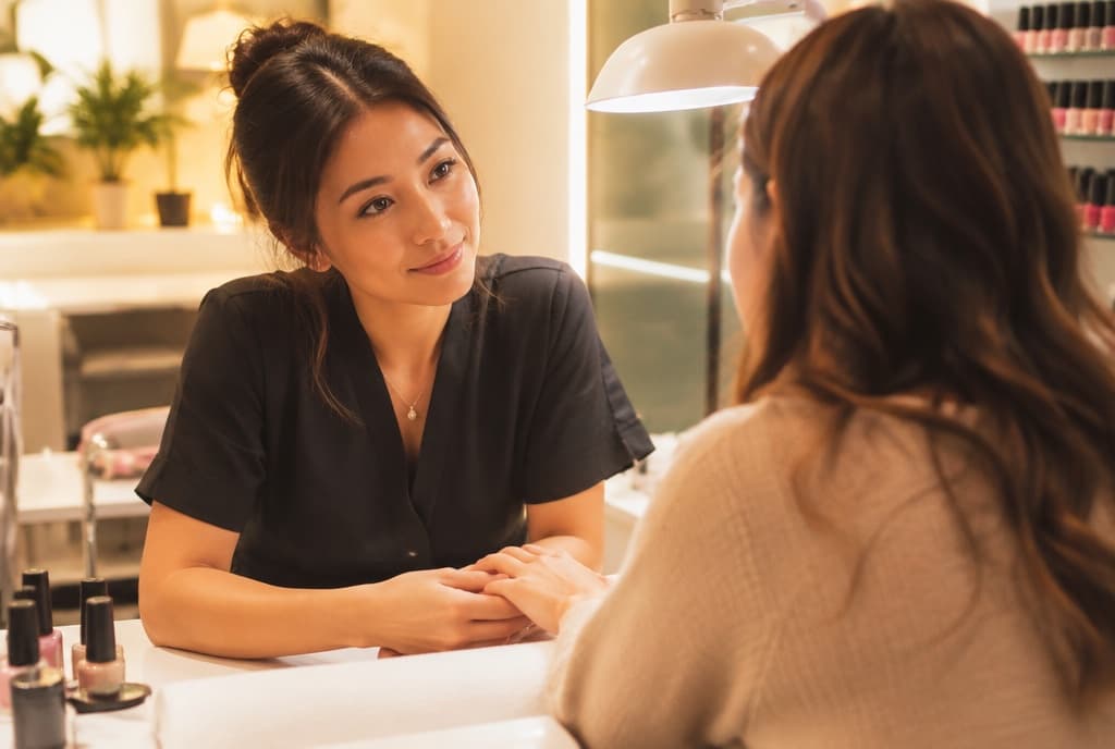 Chloe làm nails và trò chuyện thân thiện với khách trong tiệm nails hiện đại