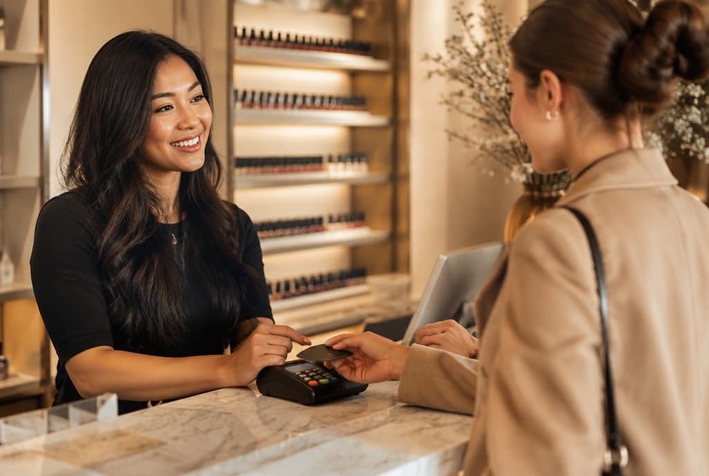 Chloe làm nails và trò chuyện thân thiện với khách trong tiệm nails hiện đại