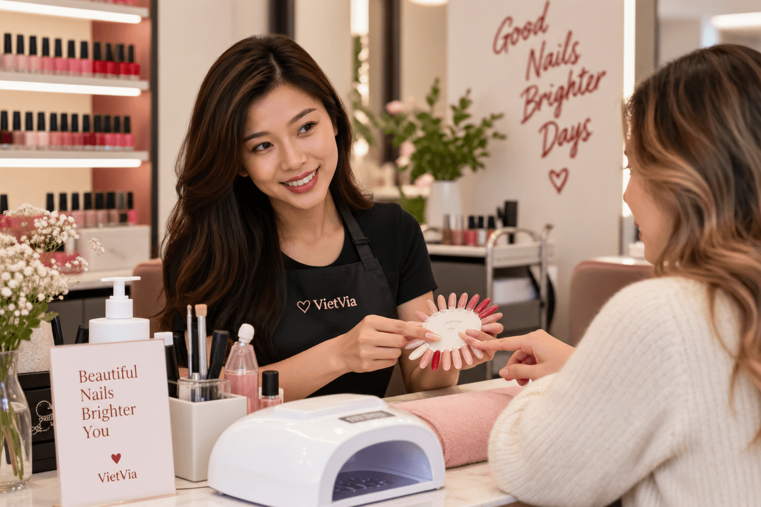 Thợ nails VietVia đang tư vấn màu sơn cho khách trong tiệm nails hiện đại